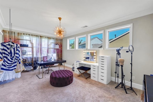 office with an inviting chandelier, ornamental molding, and carpet