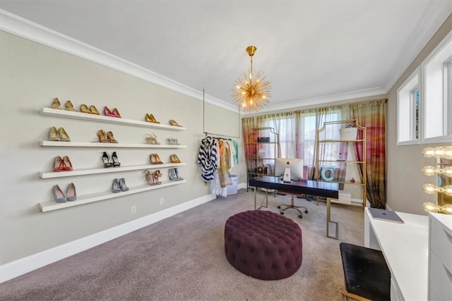 carpeted home office with ornamental molding and an inviting chandelier