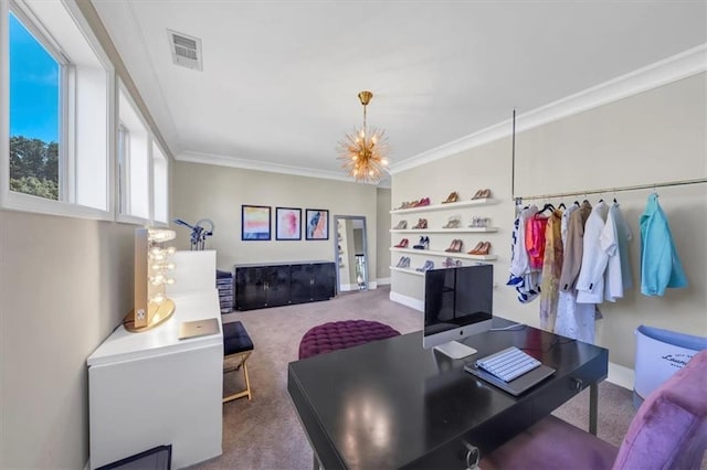 living room featuring ornamental molding, carpet floors, and a notable chandelier