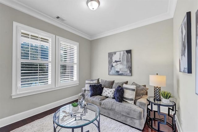 living room featuring crown molding and dark wood-type flooring