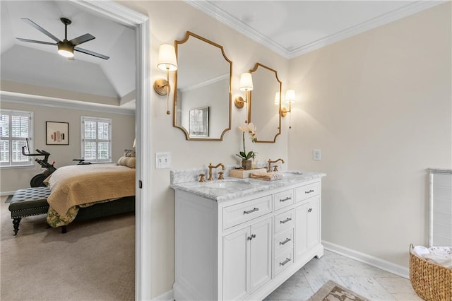 bathroom with crown molding, lofted ceiling, vanity, and ceiling fan