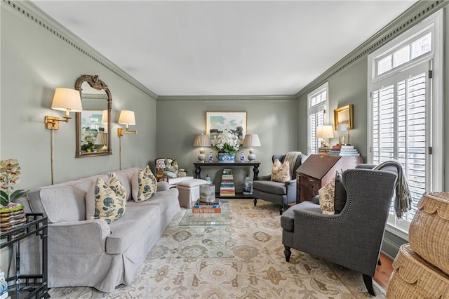 living room featuring ornamental molding and light wood-type flooring