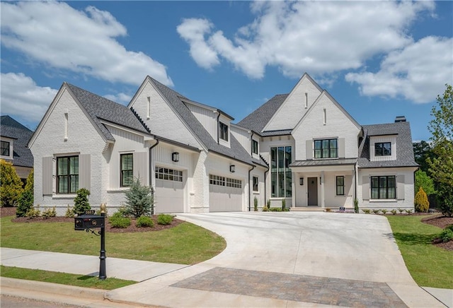 french country inspired facade featuring a garage and a front lawn