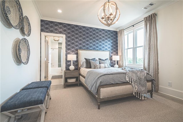 carpeted bedroom featuring connected bathroom, crown molding, and a notable chandelier