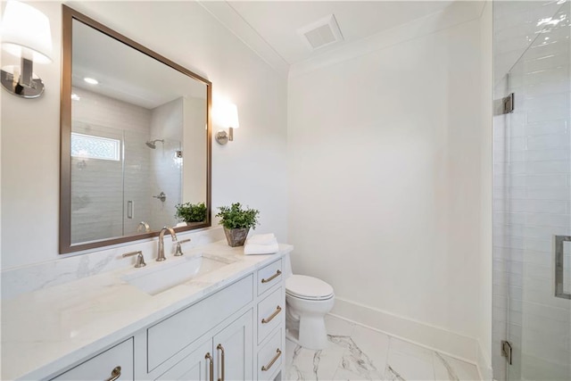 bathroom featuring vanity, toilet, an enclosed shower, and ornamental molding