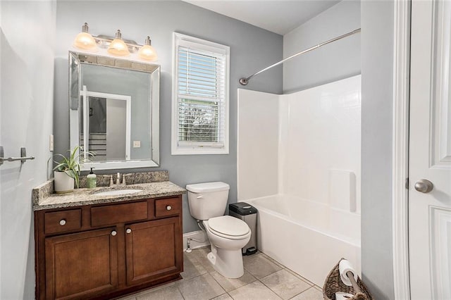 full bathroom featuring toilet, shower / tub combination, vanity, and tile patterned floors