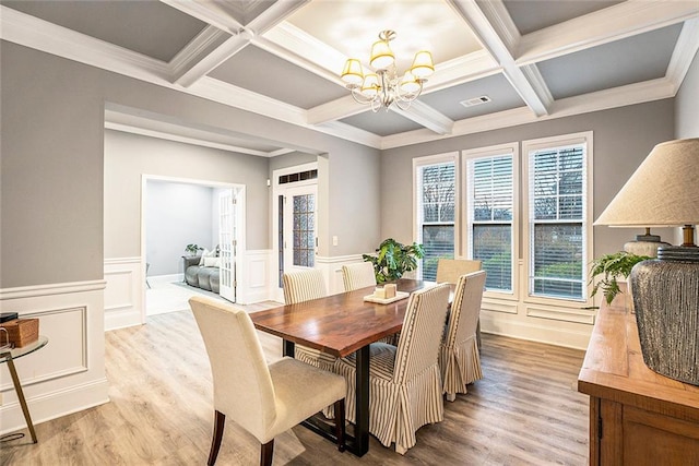 dining area featuring coffered ceiling, light wood-type flooring, ornamental molding, a notable chandelier, and beam ceiling