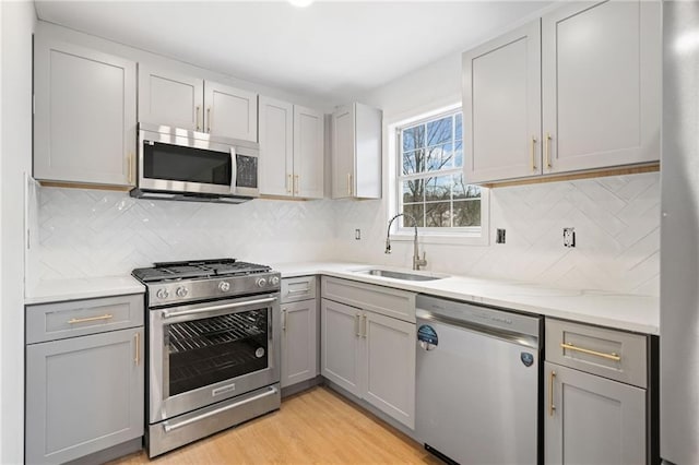 kitchen with sink, appliances with stainless steel finishes, gray cabinetry, tasteful backsplash, and light wood-type flooring