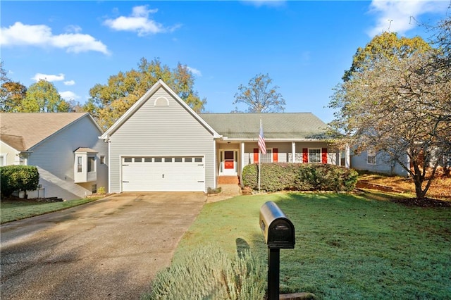 view of front facade featuring covered porch, a front yard, and a garage