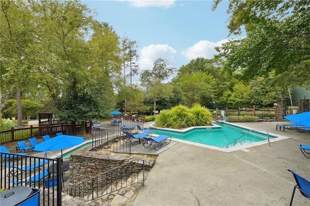 view of swimming pool featuring a patio