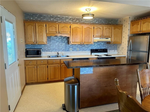 kitchen featuring backsplash, sink, and white electric stove