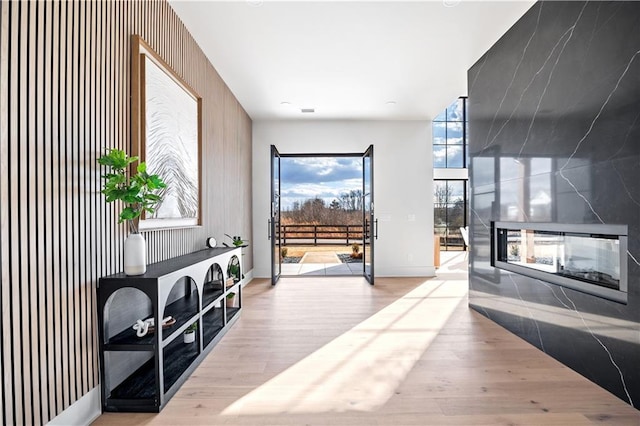 living room featuring a fireplace and light wood-type flooring