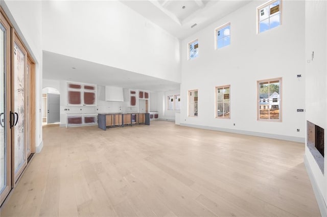 living room featuring a high ceiling and light hardwood / wood-style flooring