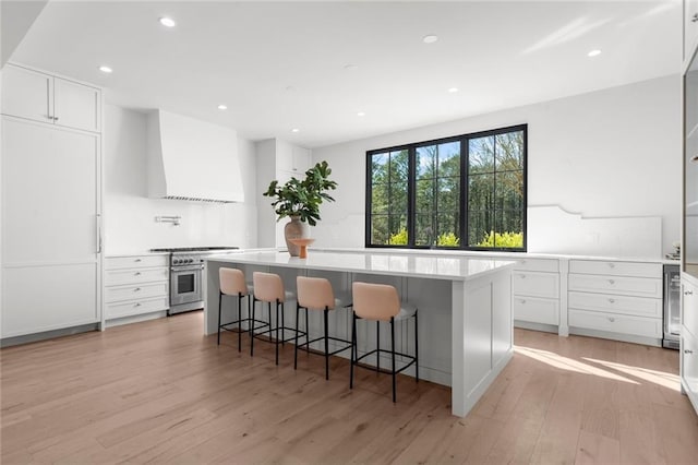 kitchen featuring a kitchen island, high end stainless steel range oven, light wood-type flooring, custom range hood, and white cabinets