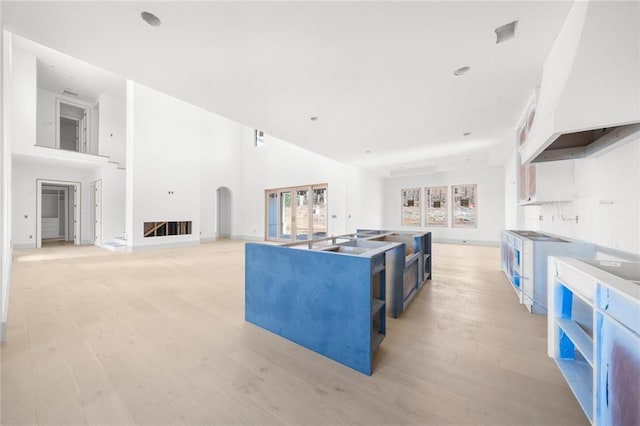 kitchen with white cabinetry, light wood-type flooring, blue cabinets, custom range hood, and a center island