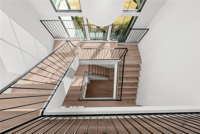 stairway with hardwood / wood-style floors