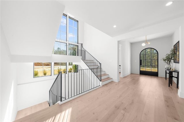 foyer with a healthy amount of sunlight and light hardwood / wood-style flooring