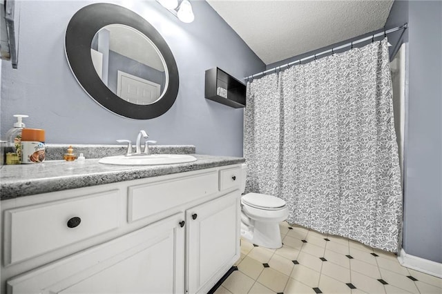 23 Chelsea Ct, Avondale Estates, GA 30002 - full bathroom with a shower with curtain, vanity, a textured ceiling, and toilet