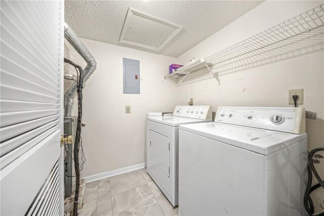 23 Chelsea Ct, Avondale Estates, GA 30002 - laundry area with electric panel, washer and clothes dryer, baseboards, marble finish floor, and laundry area