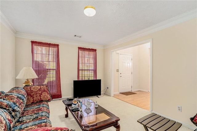 living room with light carpet and crown molding