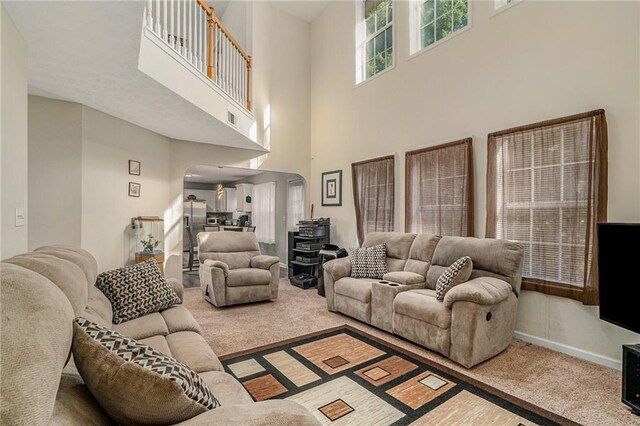 living room with a high ceiling and carpet floors