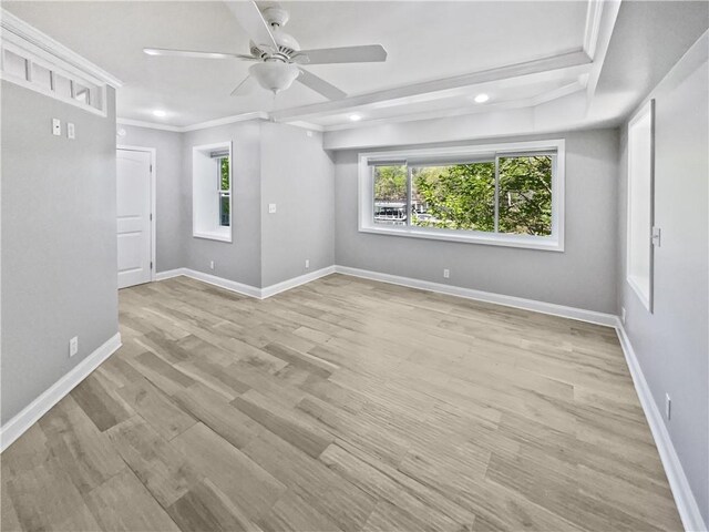 empty room with recessed lighting, light wood-style floors, ceiling fan, and crown molding