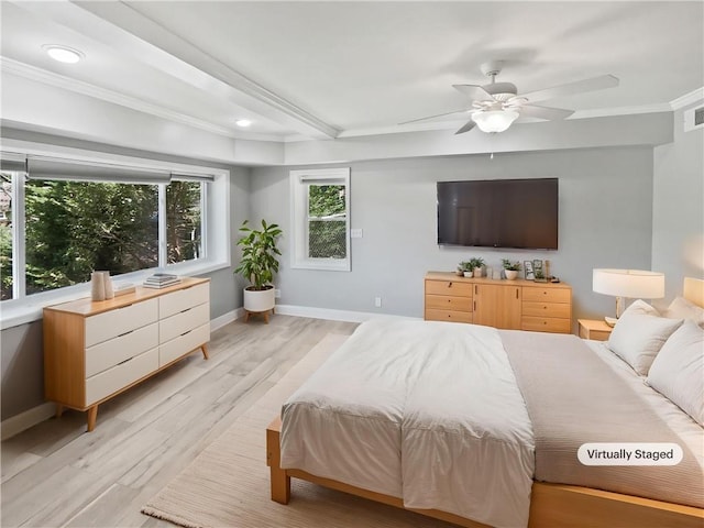 bedroom with light wood finished floors, baseboards, recessed lighting, a ceiling fan, and ornamental molding