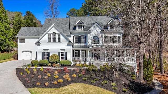 view of front of house featuring driveway, covered porch, and a garage
