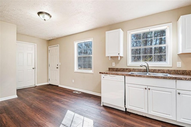 kitchen with sink, dark wood-type flooring, white cabinets, and dishwasher