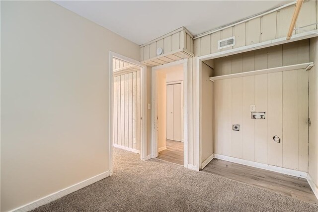 interior space with washer hookup, carpet flooring, and hookup for an electric dryer