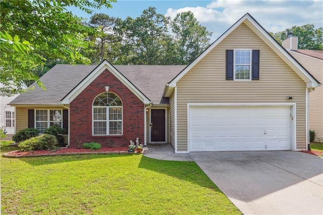 4920 Markim Forest Ln, Sugar Hill, GA 30518 - view of front facade featuring concrete driveway, brick siding, a front lawn, a chimney, and a shingled roof