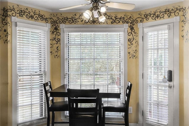 dining room featuring a healthy amount of sunlight and ceiling fan