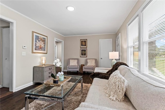 629 Dunton Cir SE, Smyrna, GA 30082 - living area featuring baseboards, dark wood finished floors, and crown molding