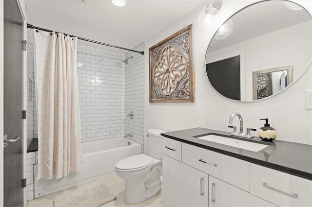 full bathroom with toilet, vanity, and shower / bathtub combination with curtain