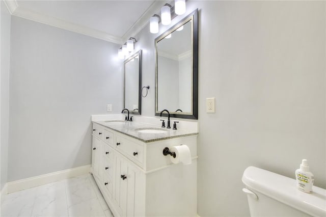 2944 Berry Rd, Loganville, GA 30052 - bathroom with crown molding, toilet, a sink, and marble finish floor
