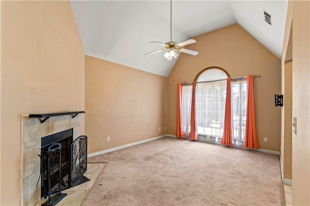 5340 Young Deer Dr, Cumming, GA 30041 - unfurnished living room featuring lofted ceiling, carpet flooring, ceiling fan, a fireplace, and baseboards