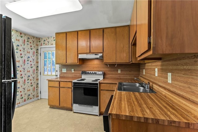 5340 Young Deer Dr, Cumming, GA 30041 - kitchen with electric stove, freestanding refrigerator, under cabinet range hood, wallpapered walls, and a sink
