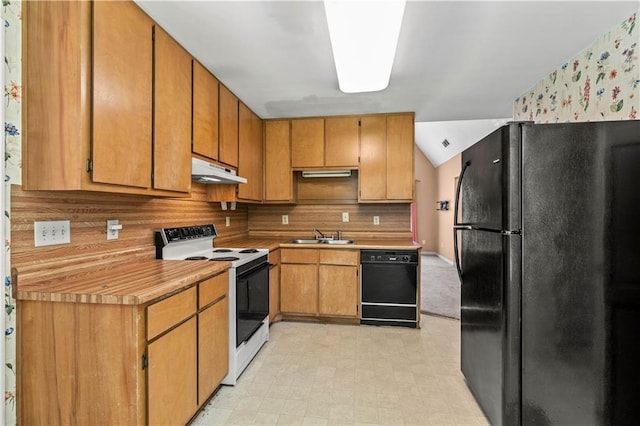5340 Young Deer Dr, Cumming, GA 30041 - kitchen featuring black appliances, light flooring, light countertops, under cabinet range hood, and decorative backsplash