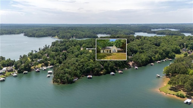 5340 Young Deer Dr, Cumming, GA 30041 - aerial view of property's location with a heavily wooded area, a large body of water, and property parcel outlined