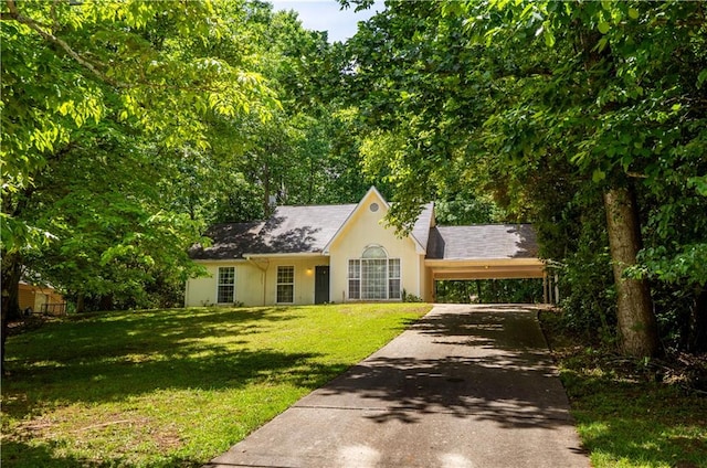 5340 Young Deer Dr, Cumming, GA 30041 - ranch-style house featuring asphalt driveway, a front lawn, stucco siding, and a carport