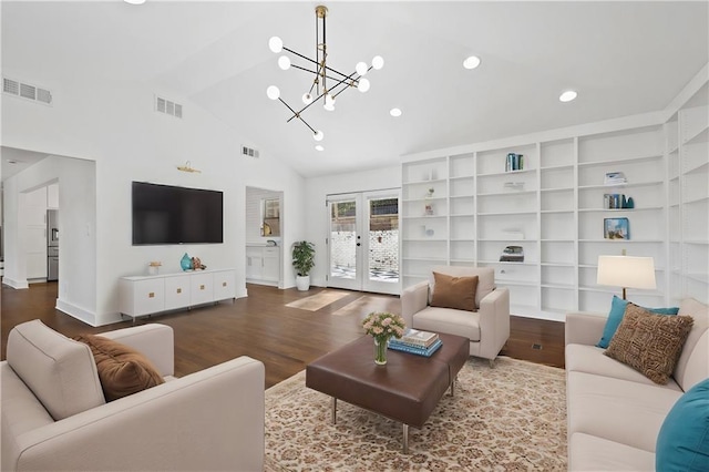 living room featuring built in shelves, wood-type flooring, high vaulted ceiling, and french doors