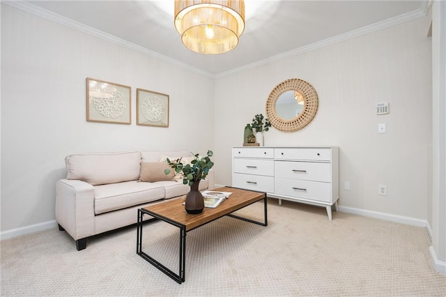 living room featuring a chandelier, crown molding, and light carpet