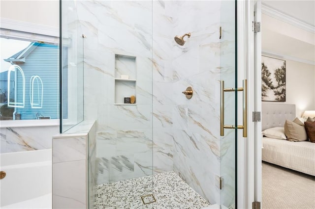 bathroom with a shower with shower door