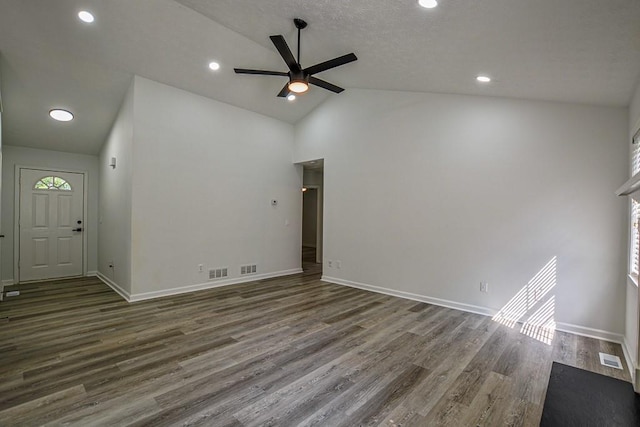 515 Allens Landing Ct, Lawrenceville, GA 30045 - unfurnished living room featuring ceiling fan, vaulted ceiling, wood finished floors, baseboards, and recessed lighting