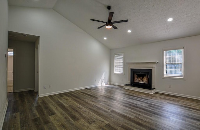 515 Allens Landing Ct, Lawrenceville, GA 30045 - unfurnished living room featuring a ceiling fan, dark wood-style flooring, recessed lighting, a fireplace with raised hearth, and baseboards
