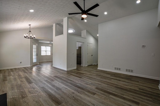 515 Allens Landing Ct, Lawrenceville, GA 30045 - unfurnished living room featuring a chandelier, ceiling fan, baseboards, dark wood-style flooring, and recessed lighting