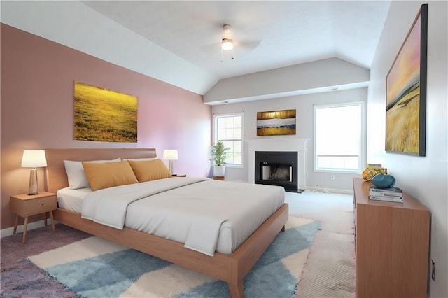 bedroom featuring lofted ceiling and light colored carpet