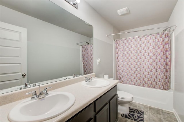 bathroom with toilet, shower / bathtub combination with curtain, double vanity, and a sink