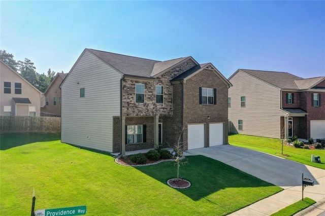 view of front of property featuring a garage, concrete driveway, brick siding, and fence