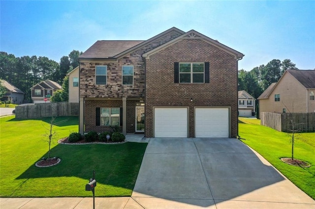 traditional-style house featuring a garage, concrete driveway, fence, a front lawn, and brick siding